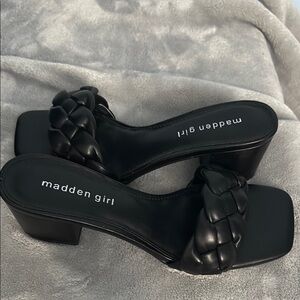 Madden Girl Black Heeled Mules with Chunky Strap 8 1/2